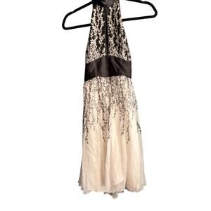 Bebe Silk Halter Top Dress Floral Black and White Slit Front Size Small